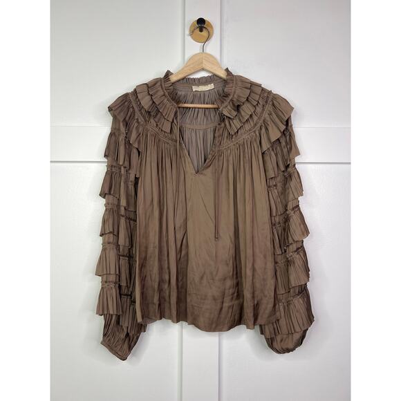 NEW Ulla Johnson Lucy Tiered Long Sleeves Ruffled Neck Blouse Mica Brown Size: 4 - Picture 2 of 7